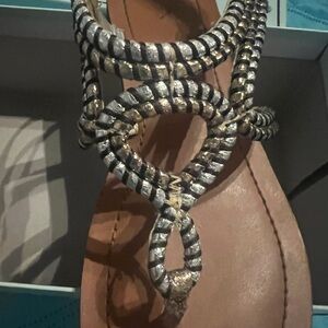 Stylish Silver and Tan Reptile Sandals